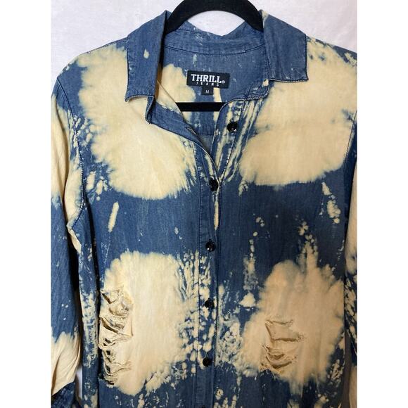 Thrill Jeans Women Shirt Medium Blue High Low Distressed Button Down pre owned - Picture 8 of 14